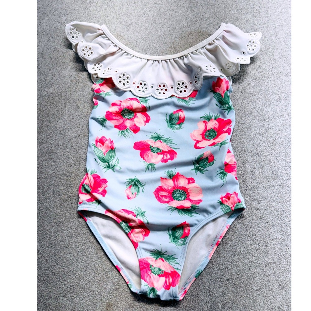 Janie and Jack Girls Swimsuit Size 6 Blue Pink Floral Eyelet Ruffle One Piece